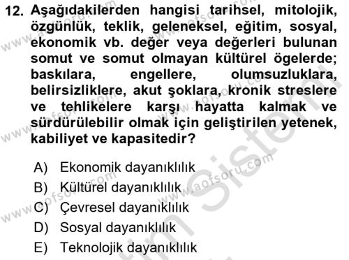 Sürdürülebilir Kentsel Dayanıklılık Dersi 2022 - 2023 Yılı Yaz Okulu Sınavı 12. Soru