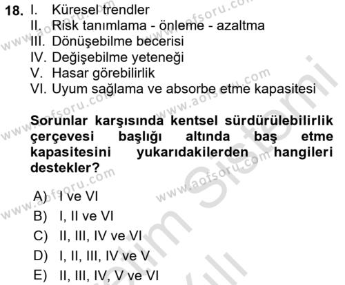 Sürdürülebilir Kentsel Dayanıklılık Dersi 2022 - 2023 Yılı Yaz Okulu Sınavı 18. Soru