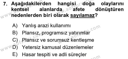 Sürdürülebilir Kentsel Dayanıklılık Dersi 2022 - 2023 Yılı Yaz Okulu Sınavı 7. Soru