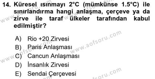 Sürdürülebilir Kentsel Dayanıklılık Dersi 2023 - 2024 Yılı (Vize) Ara Sınavı 14. Soru