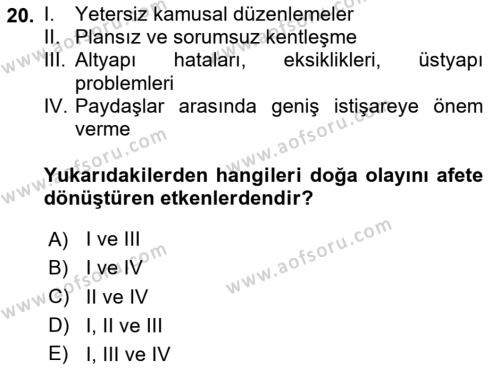 Sürdürülebilir Kentsel Dayanıklılık Dersi 2023 - 2024 Yılı (Vize) Ara Sınavı 20. Soru