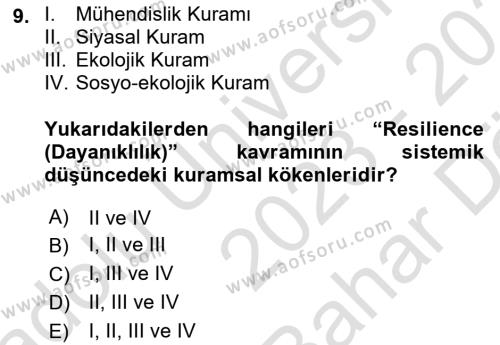 Sürdürülebilir Kentsel Dayanıklılık Dersi 2023 - 2024 Yılı (Vize) Ara Sınavı 9. Soru