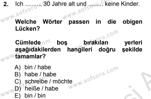 Almanca 1 Dersi 2013 - 2014 Yılı Tek Ders Sınavı 2. Soru