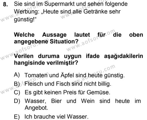 Almanca 1 Dersi 2014 - 2015 Yılı Tek Ders Sınavı 8. Soru