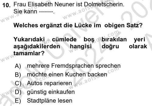 Almanca 1 Dersi 2024 - 2025 Yılı (Vize) Ara Sınavı 10. Soru