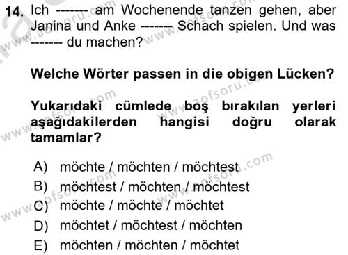 Almanca 1 Dersi 2024 - 2025 Yılı (Vize) Ara Sınavı 14. Soru