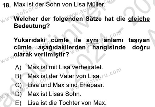 Almanca 1 Dersi 2024 - 2025 Yılı (Vize) Ara Sınavı 18. Soru