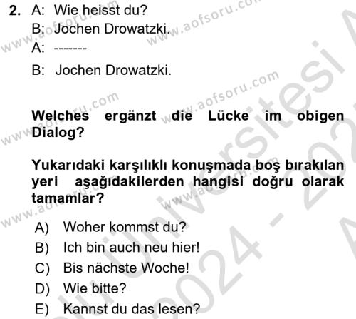 Almanca 1 Dersi 2024 - 2025 Yılı (Vize) Ara Sınavı 2. Soru