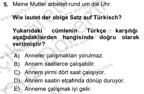 Almanca 1 Dersi 2024 - 2025 Yılı (Vize) Ara Sınavı 5. Soru