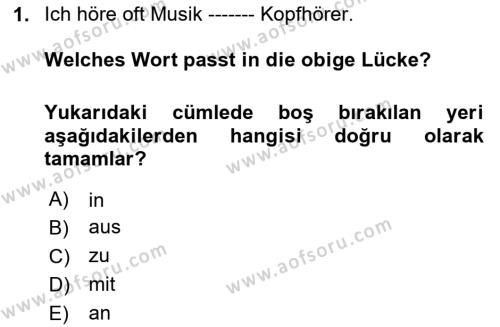 Almanca 2 Dersi 2021 - 2022 Yılı (Final) Dönem Sonu Sınavı 1. Soru