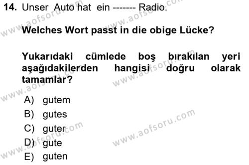 Almanca 2 Dersi 2021 - 2022 Yılı (Final) Dönem Sonu Sınavı 14. Soru
