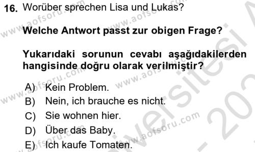Almanca 2 Dersi 2021 - 2022 Yılı (Final) Dönem Sonu Sınavı 16. Soru