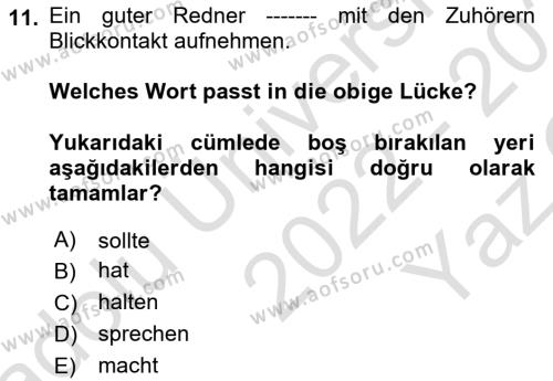 Almanca 2 Dersi 2022 - 2023 Yılı Yaz Okulu Sınavı 11. Soru