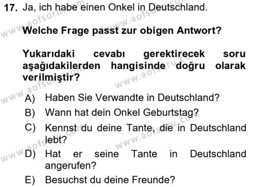 Almanca 2 Dersi 2022 - 2023 Yılı Yaz Okulu Sınavı 17. Soru