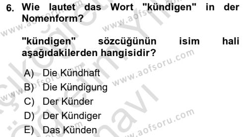 Almanca 2 Dersi 2022 - 2023 Yılı Yaz Okulu Sınavı 6. Soru