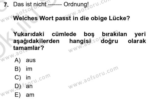 Almanca 2 Dersi 2022 - 2023 Yılı Yaz Okulu Sınavı 7. Soru