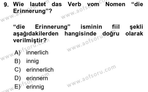 Almanca 2 Dersi 2022 - 2023 Yılı Yaz Okulu Sınavı 9. Soru