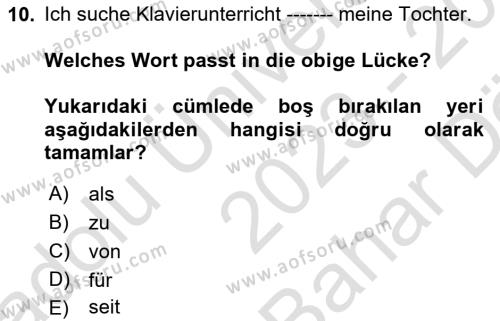 Almanca 2 Dersi 2023 - 2024 Yılı (Vize) Ara Sınavı 10. Soru