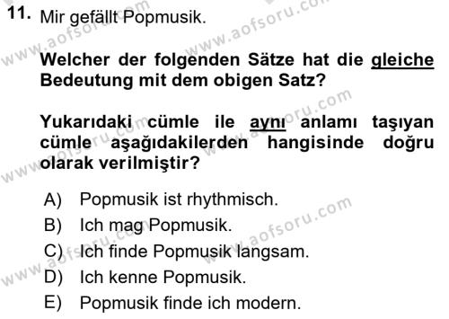 Almanca 2 Dersi 2023 - 2024 Yılı (Vize) Ara Sınavı 11. Soru