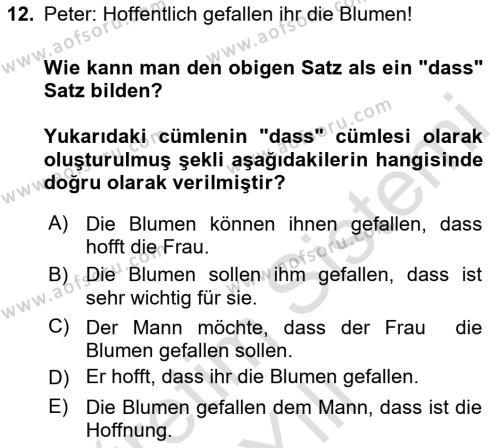 Almanca 2 Dersi 2023 - 2024 Yılı (Vize) Ara Sınavı 12. Soru