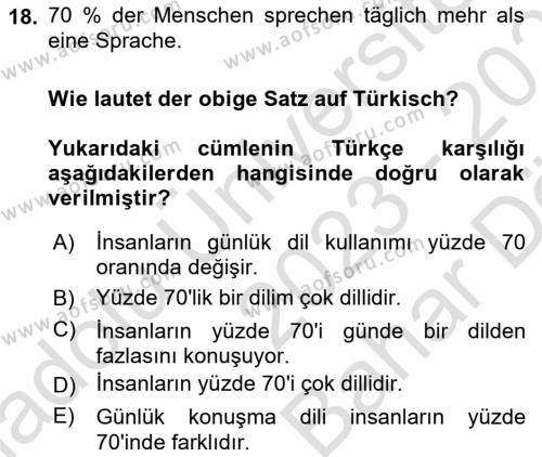 Almanca 2 Dersi 2023 - 2024 Yılı (Vize) Ara Sınavı 18. Soru