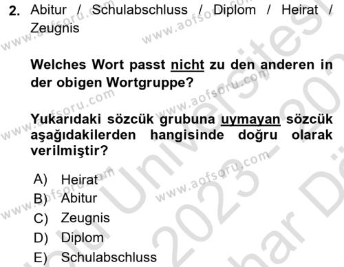 Almanca 2 Dersi 2023 - 2024 Yılı (Vize) Ara Sınavı 2. Soru