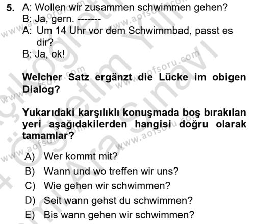 Almanca 2 Dersi 2023 - 2024 Yılı (Vize) Ara Sınavı 5. Soru