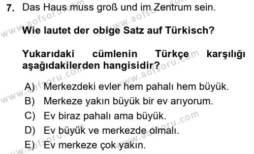 Almanca 2 Dersi 2023 - 2024 Yılı (Vize) Ara Sınavı 7. Soru