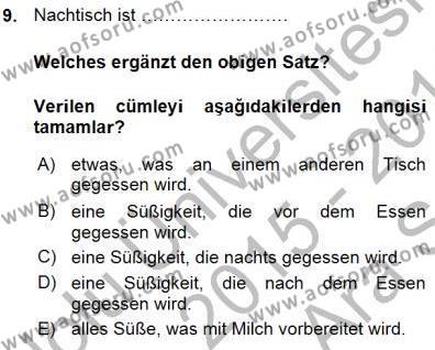 Turizm İçin Almanca Dersi 2015 - 2016 Yılı (Vize) Ara Sınavı 9. Soru