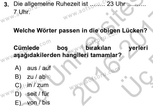 Almanca 1 Dersi 2016 - 2017 Yılı 3 Ders Sınavı 3. Soru