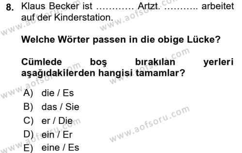 Almanca 1 Dersi 2016 - 2017 Yılı (Vize) Ara Sınavı 8. Soru