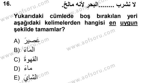 Arapça 1 Dersi 2012 - 2013 Yılı (Final) Dönem Sonu Sınavı 16. Soru