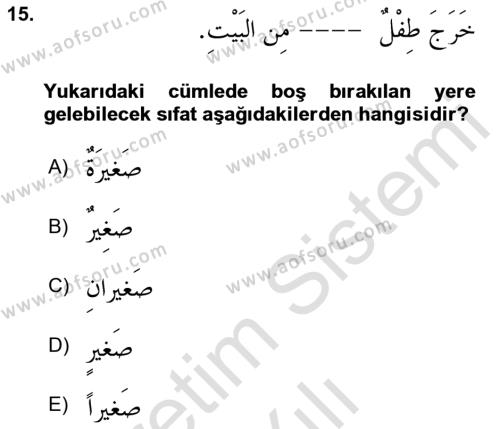Arapça 1 Dersi 2020 - 2021 Yılı Yaz Okulu Sınavı 15. Soru