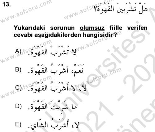 Arapça 1 Dersi 2021 - 2022 Yılı (Final) Dönem Sonu Sınavı 13. Soru