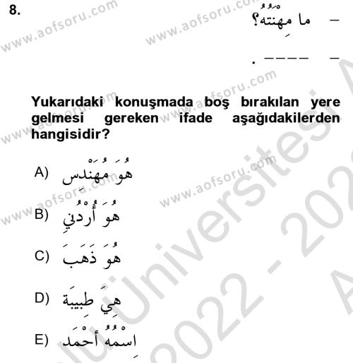 Arapça 1 Dersi 2022 - 2023 Yılı (Vize) Ara Sınavı 8. Soru