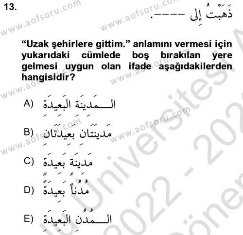 Arapça 1 Dersi 2022 - 2023 Yılı (Final) Dönem Sonu Sınavı 13. Soru