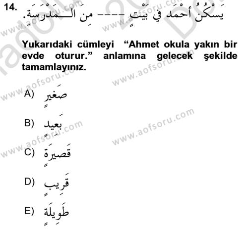 Arapça 1 Dersi 2023 - 2024 Yılı (Final) Dönem Sonu Sınavı 14. Soru