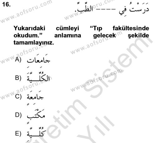 Arapça 1 Dersi 2023 - 2024 Yılı Yaz Okulu Sınavı 16. Soru