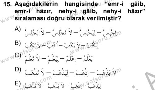 Arapça 2 Dersi 2012 - 2013 Yılı (Vize) Ara Sınavı 15. Soru