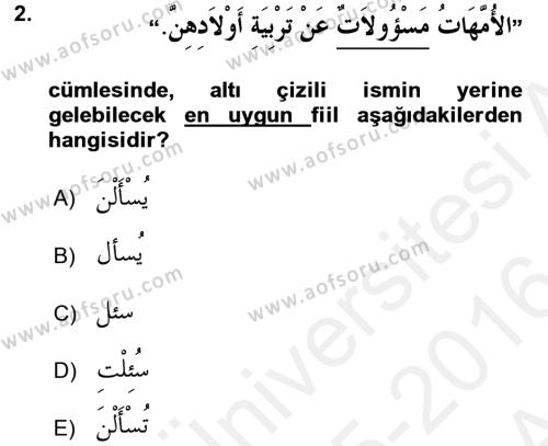Arapça 2 Dersi 2015 - 2016 Yılı (Vize) Ara Sınavı 2. Soru