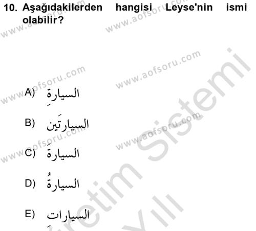 Arapça 2 Dersi 2020 - 2021 Yılı Yaz Okulu Sınavı 10. Soru