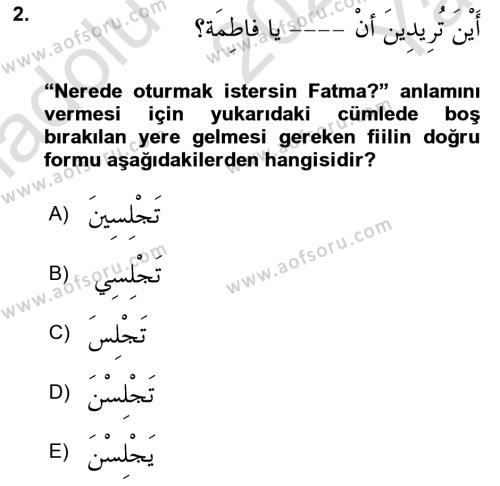 Arapça 2 Dersi 2021 - 2022 Yılı Yaz Okulu Sınavı 2. Soru