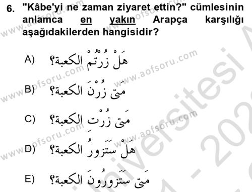Arapça 2 Dersi 2021 - 2022 Yılı Yaz Okulu Sınavı 6. Soru