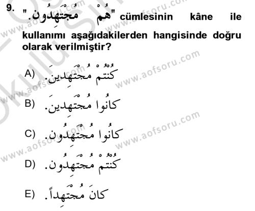 Arapça 2 Dersi 2021 - 2022 Yılı Yaz Okulu Sınavı 9. Soru