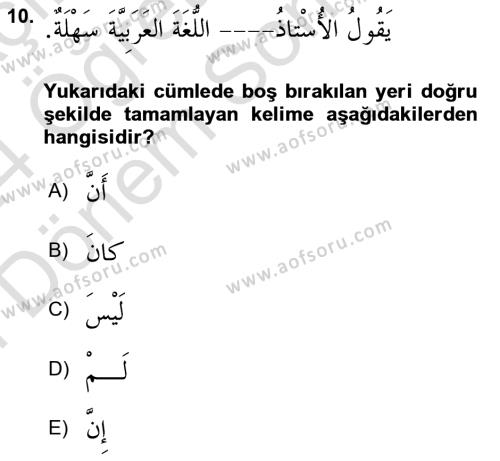 Arapça 2 Dersi 2023 - 2024 Yılı (Final) Dönem Sonu Sınavı 10. Soru