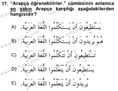 Arapça 2 Dersi 2023 - 2024 Yılı (Final) Dönem Sonu Sınavı 17. Soru