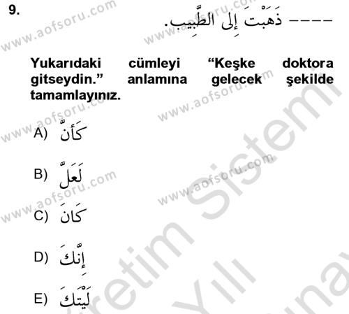 Arapça 2 Dersi 2023 - 2024 Yılı (Final) Dönem Sonu Sınavı 9. Soru