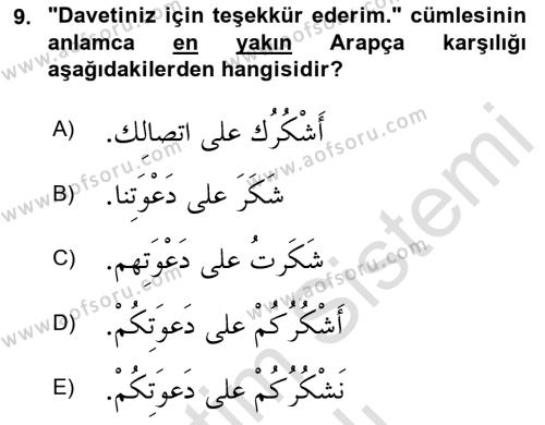 Arapça 2 Dersi 2023 - 2024 Yılı Yaz Okulu Sınavı 9. Soru