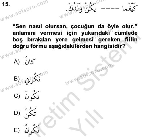 Arapça 3 Dersi 2020 - 2021 Yılı Yaz Okulu Sınavı 15. Soru