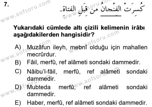 Arapça 3 Dersi 2021 - 2022 Yılı (Vize) Ara Sınavı 7. Soru